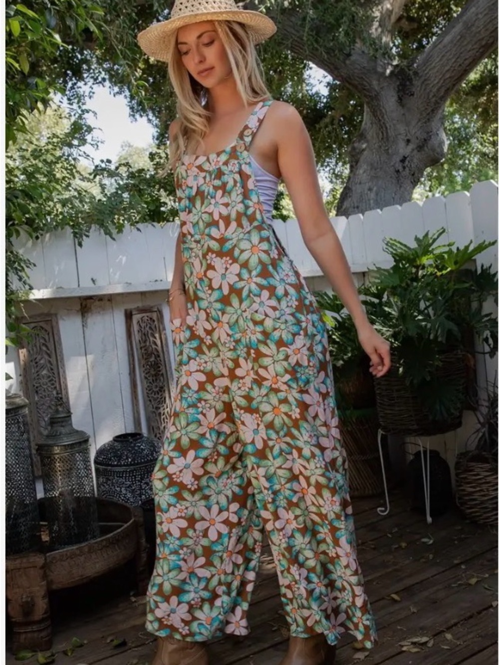Sage + Fig Retro 70s Floral Wide Leg Overalls Jumpsuit Boho - Picture 5 of 9